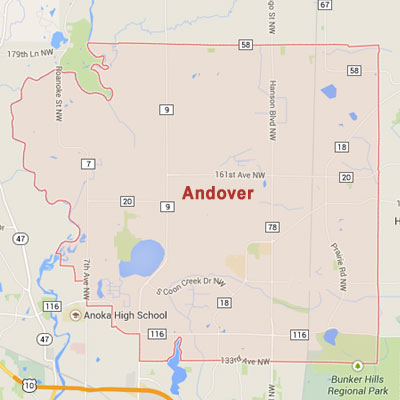 Andover sprinkler irrigation system installation, maintenance and repair service area map near Andover, MN, 55304.