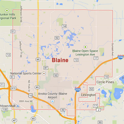 Blaine sprinkler irrigation system installation, maintenance and repair service area map near Blaine, MN, 55014, 55434, 55449.