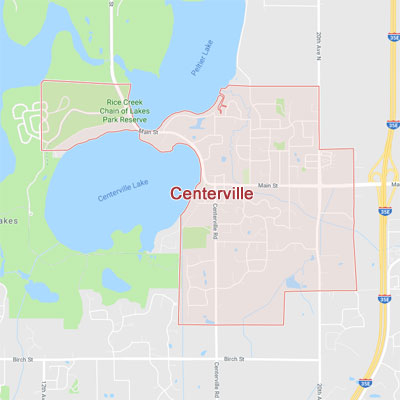 Centerville sprinkler irrigation system installation, maintenance and repair service area map near Centerville, MN, 55038.