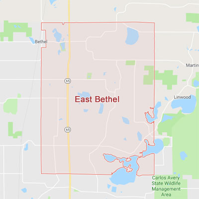 East Bethel sprinkler irrigation system installation, maintenance and repair service area map near East Bethel, MN, 55005, 55011, 55092.