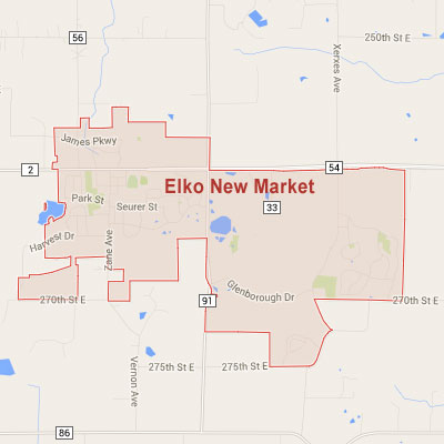 Formaneck Irrigation Elko New Market sprinkler irrigation system installation, maintenance and repair service area map near Elko New Market, MN.