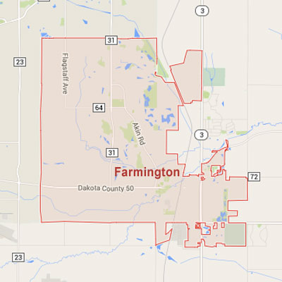 Formaneck Irrigation Farmington sprinkler irrigation system installation, maintenance and repair service area map near Farmington, MN.