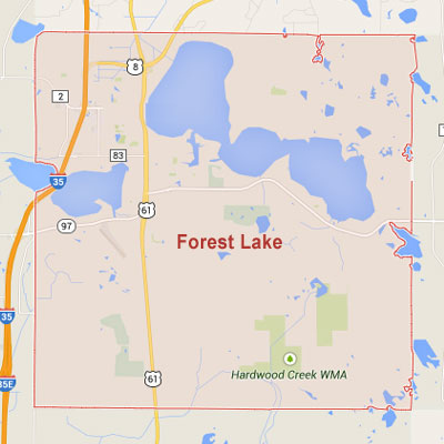 Forest Lake sprinkler irrigation system installation, maintenance and repair service area map near Forest Lake, MN, 55025, 55073.