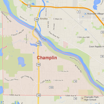 Champlin sprinkler irrigation system installation, maintenance and repair service area map near Champlin, MN, 55316.