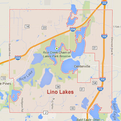 Lino Lakes sprinkler irrigation system installation, maintenance and repair service area map near Lino Lakes, MN, 55014, 55025, 55038, 55110, 55126.