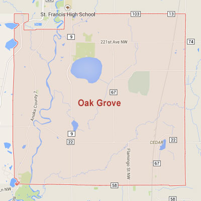 Oak Grove sprinkler irrigation system installation, maintenance and repair service area map near Oak Grove, MN, 55005, 55011, 55303.