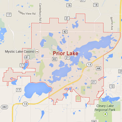 Formaneck Irrigation Prior Lake sprinkler irrigation system installation, maintenance and repair service area map near Prior Lake, MN.