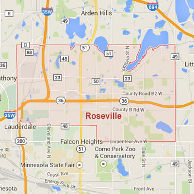 Formaneck Irrigation Roseville sprinkler irrigation system installation, maintenance and repair service area map near Roseville, MN.