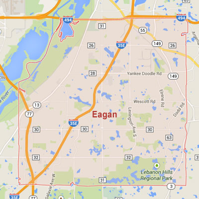 Formaneck Irrigation Eagan sprinkler irrigation system installation, maintenance and repair service area map near Eagan, MN.