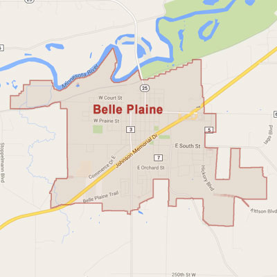 Formaneck Irrigation Belle Plaine sprinkler irrigation system installation, maintenance and repair service area map near Belle Plaine, MN.