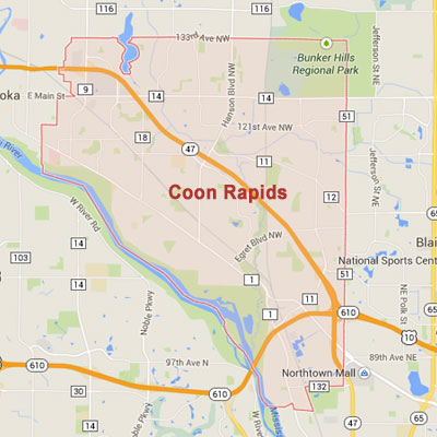 Coon Rapids sprinkler irrigation system installation, maintenance and repair service area map near Coon Rapids, MN, 55433, 55443, 55448.