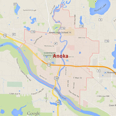 Formaneck Irrigation Anoka sprinkler irrigation system installation, maintenance and repair service area map near Anoka, MN.