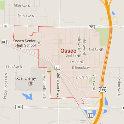 Formaneck Irrigation Osseo sprinkler irrigation system installation, maintenance and repair service area map near Osseo, MN.