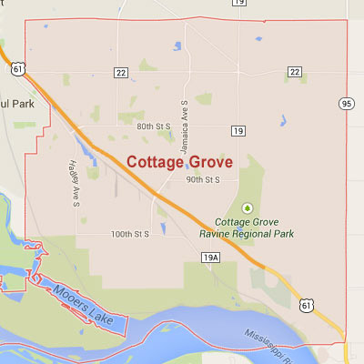 Formaneck Irrigation Cottage Grove sprinkler irrigation system installation, maintenance and repair service area map near Cottage Grove, MN.