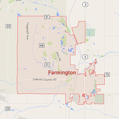 Formaneck Irrigation sprinkler irrigation system installation, maintenance and repair service area map near Farmington, MN.